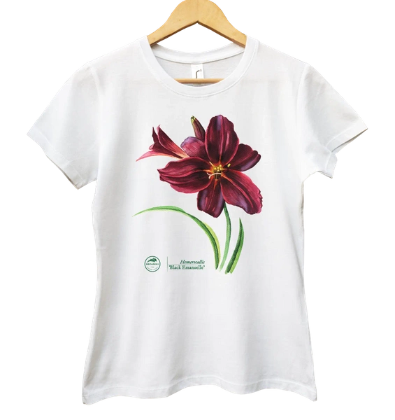 Black Emanuelle lily — women's daylily t-shirt