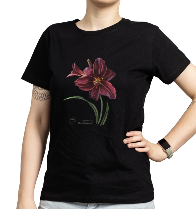 Black Emanuelle lily — women's daylily t-shirt