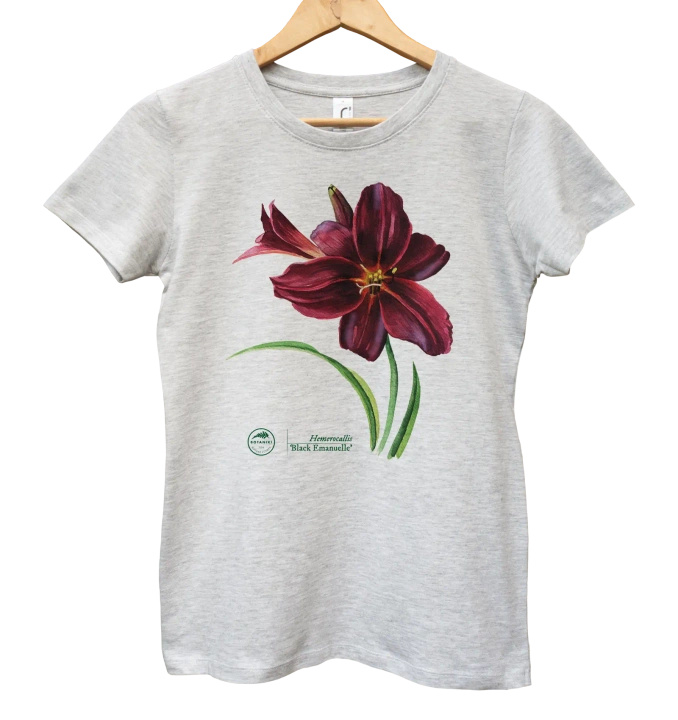 Black Emanuelle lily — women's daylily t-shirt