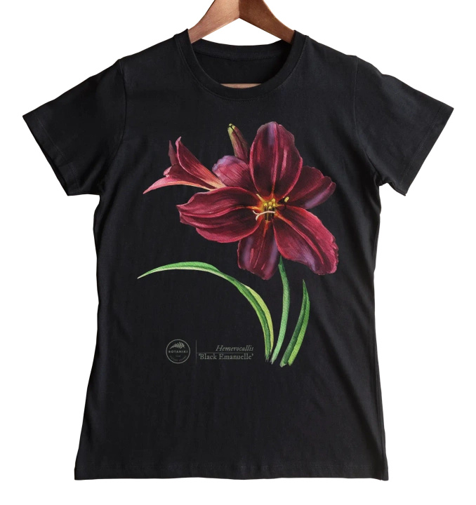 Black Emanuelle lily — women's daylily t-shirt