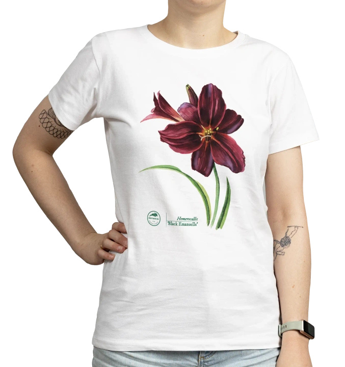Black Emanuelle lily — women's daylily t-shirt